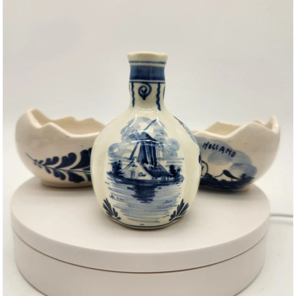 Vintage Delft Holland Miniature Vase & Bowl Set Windmill‎ Floral Hand Painted